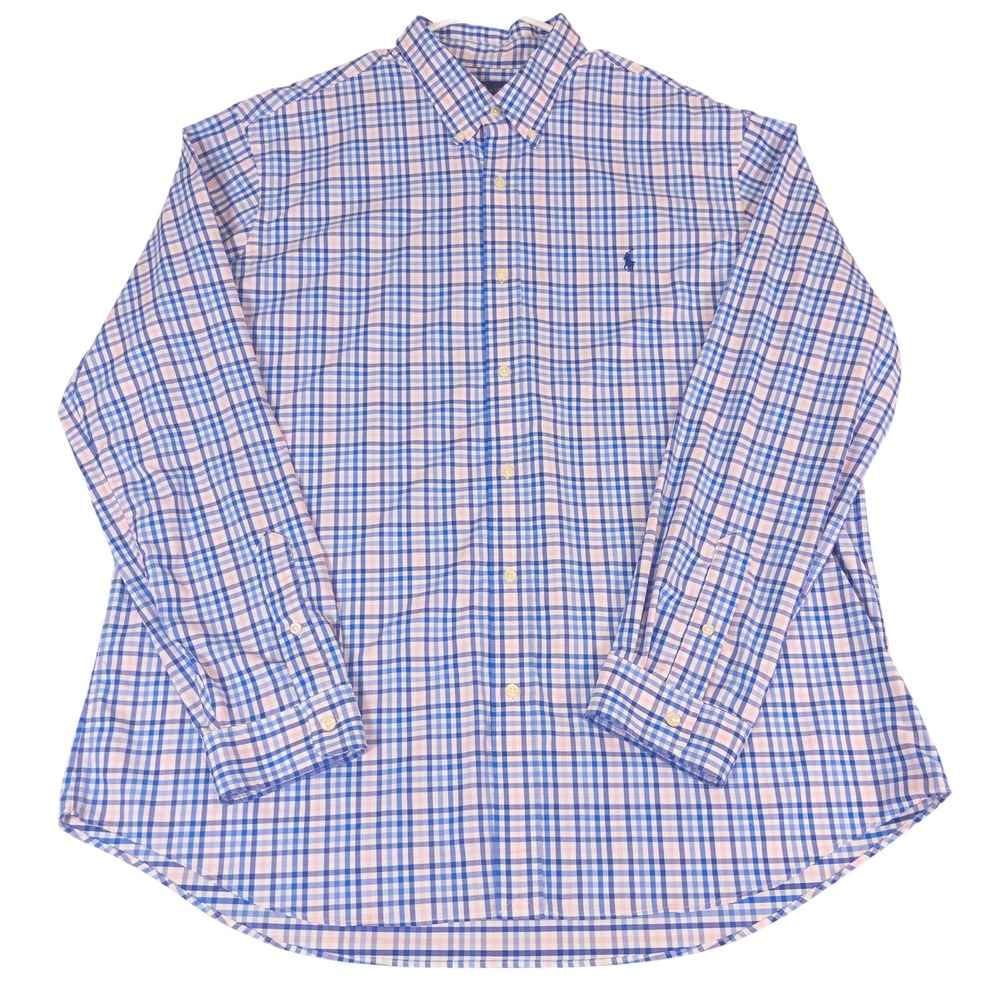 Polo Ralph Lauren Mens XXL Blue Pink Plaid Classic Fit L/S Performance Shirt